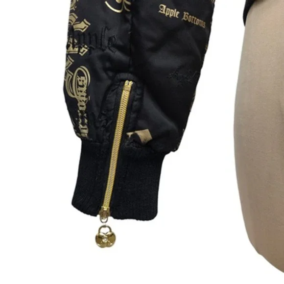 Apple Bottoms Jacket Womens Small Black Gold Puffer Bomber Logo Zip Down Feather - Picture 7 of 11